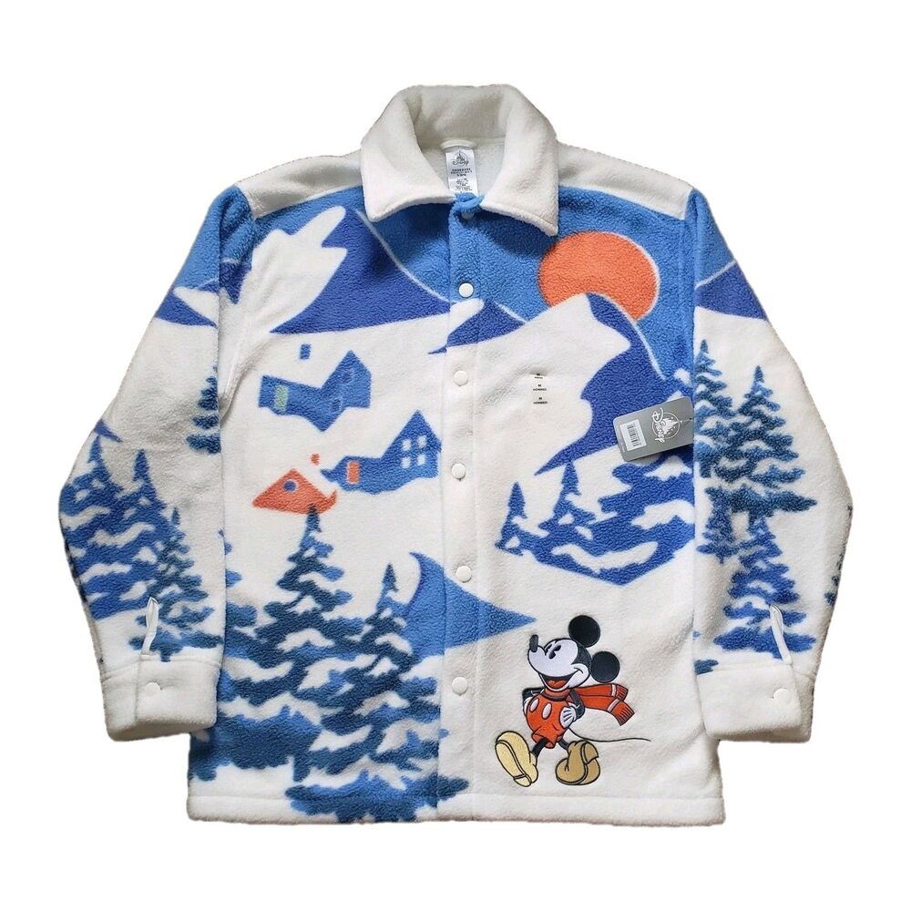 D25 Disney Winter Scene Polar Fleece Sz Medium Mens Shacket NWT All Over Print